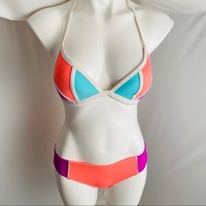 Victoria’s Secret PINK neon bikini coral aqua purple  colorblock S/M